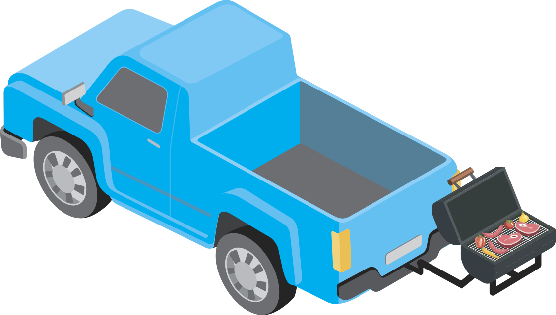Illustration of a blue pickup truck with hitch-mounted barbecue grill attached at the rear.