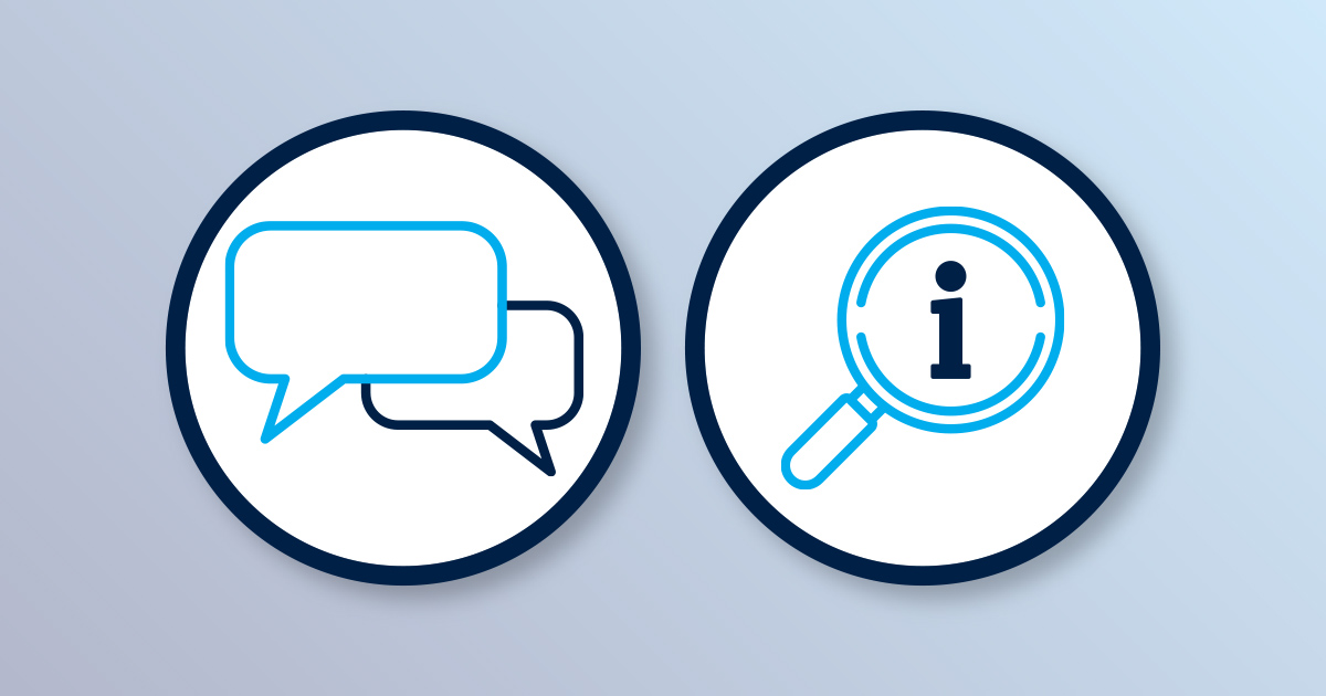 Speech bubble and information magnifying glass icons inside circular symbols on a light blue background.