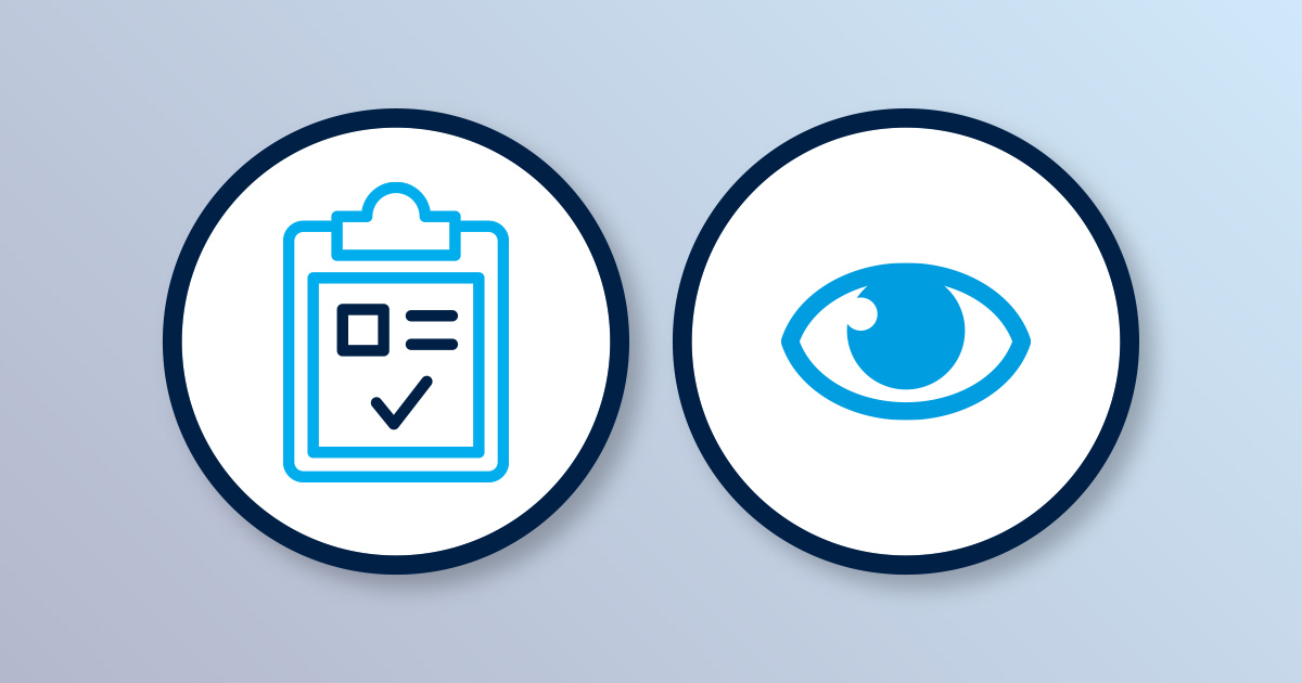 Clipboard checklist and eye icons inside circular symbols on a light blue background.