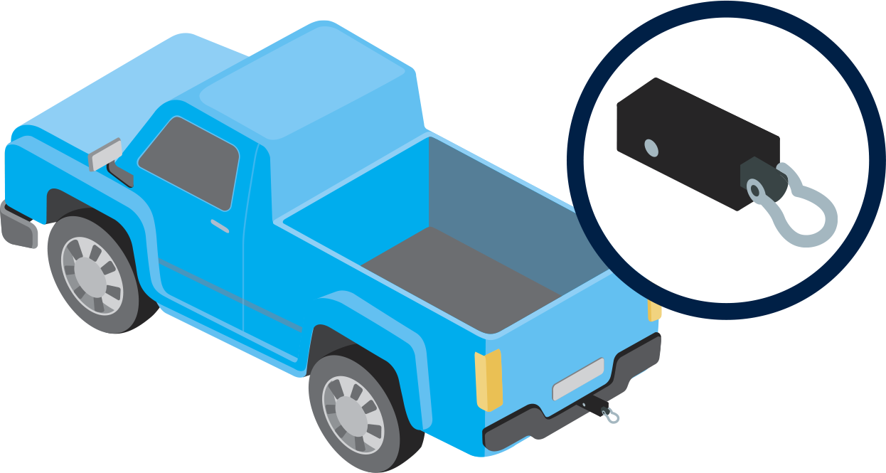 Illustration of a blue pickup truck with a tow ring mounted to the rear hitch receiver and inset graphic showing the towing attachment.