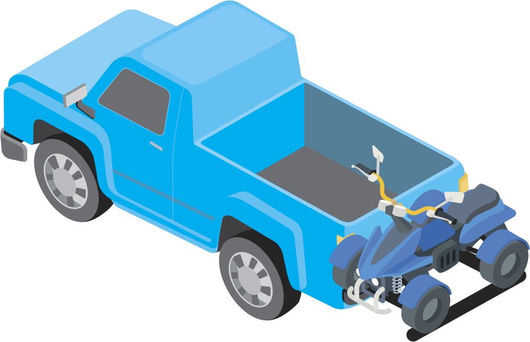 Illustration of a blue pickup truck transporting a garden tractor on a rear carrier attached to the towbar.