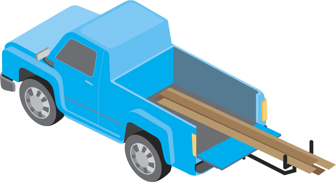 Illustration of a blue pickup truck with hitch-mounted truck bed extender carrying wooden boards.