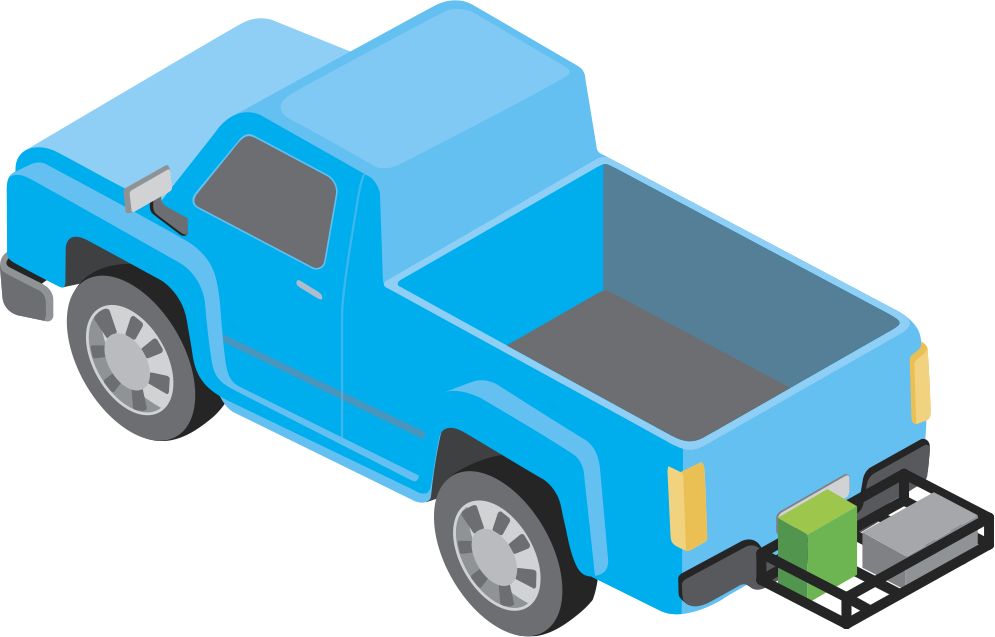 Illustration of a blue pickup truck with hitch-mounted cargo basket carrying boxes.