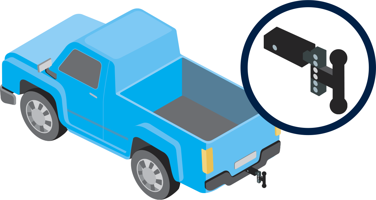 Illustration of a blue pickup truck with adjustable hitch ball mount shown in a circular inset graphic.