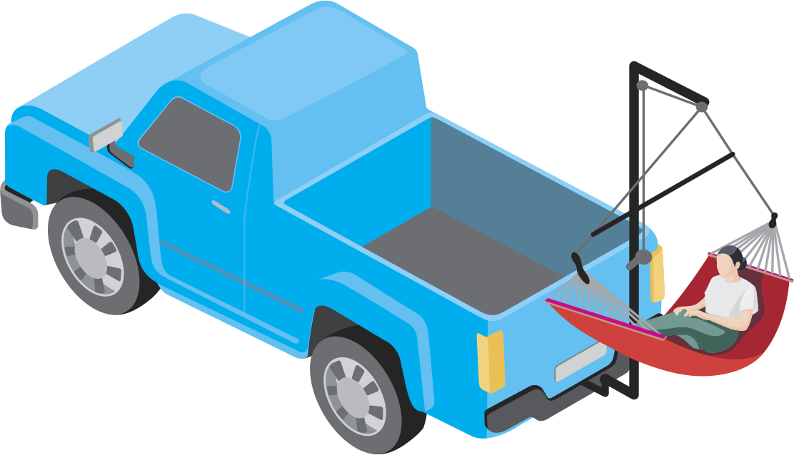 Illustration of a blue pickup truck with hitch-mounted hammock stand and person resting in a hammock.