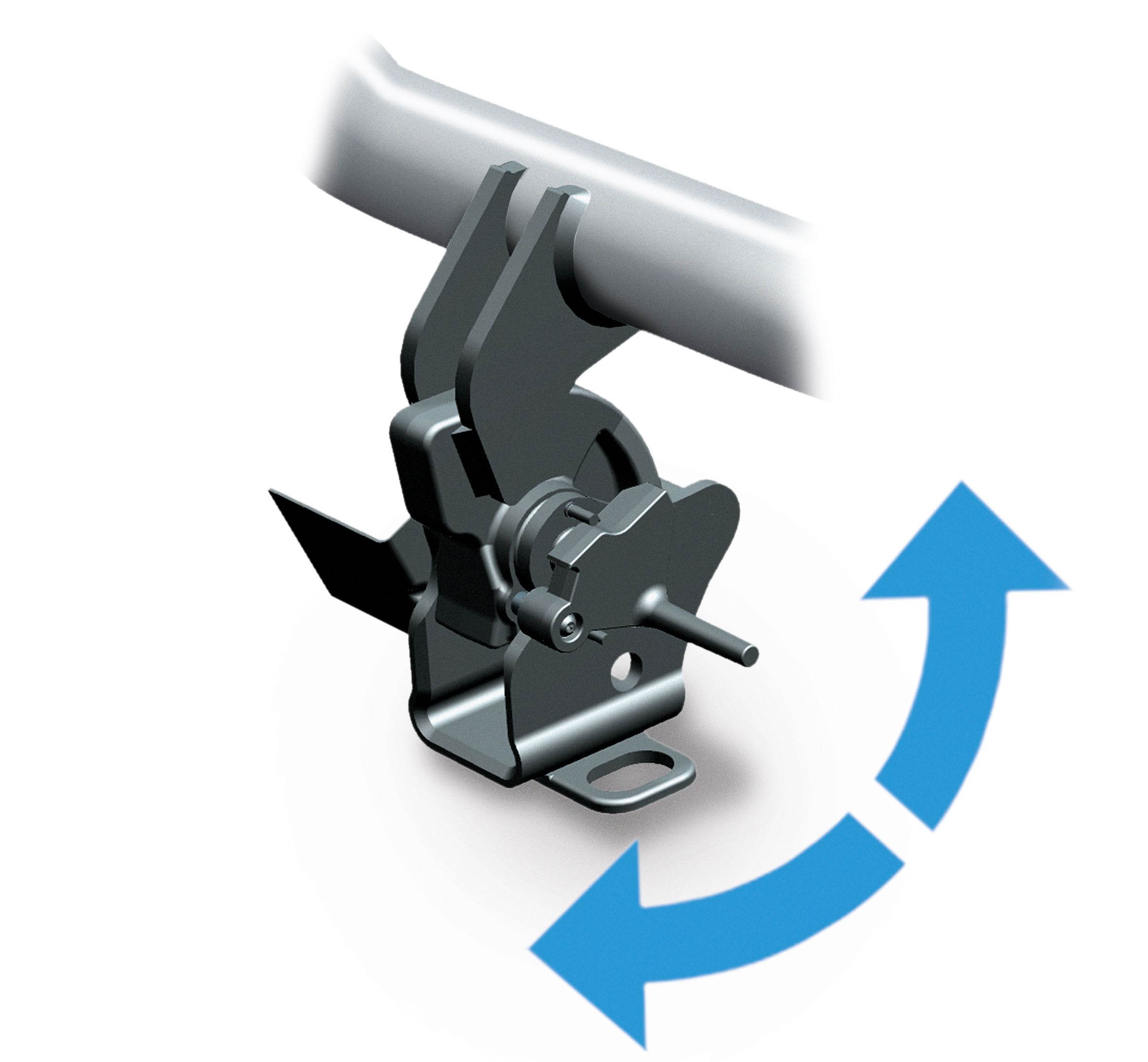 Illustration of an ORIS retractable receiver hitch mechanism with rotating movement indicator showing the swivel deployment function.