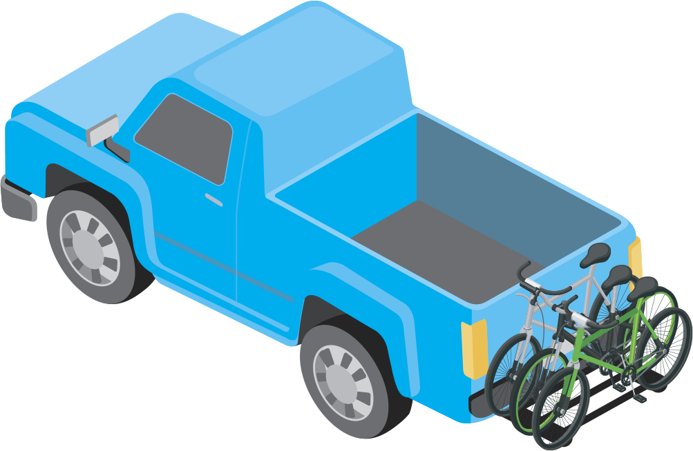 Illustration of a blue pickup truck with hitch-mounted bike rack carrying two bicycles.