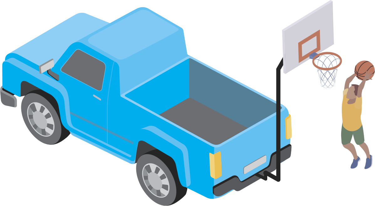 Illustration of a blue pickup truck with a basketball hoop mounted to the towbar and a player attempting a dunk.