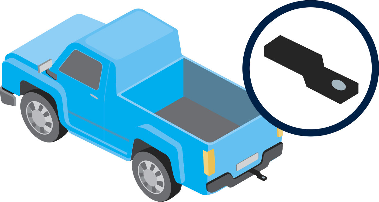 Illustration of a blue pickup truck with a heavy-duty towbar and inset graphic highlighting a forged hitch component.