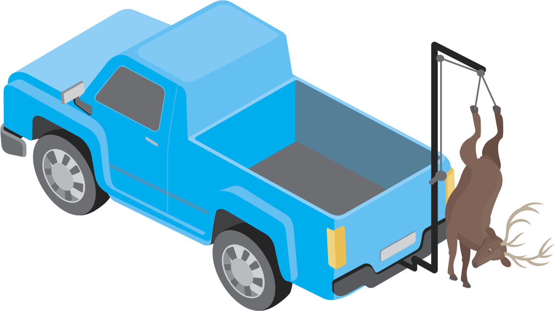Illustration of a blue pickup truck with hitch-mounted game hoist carrying a deer.