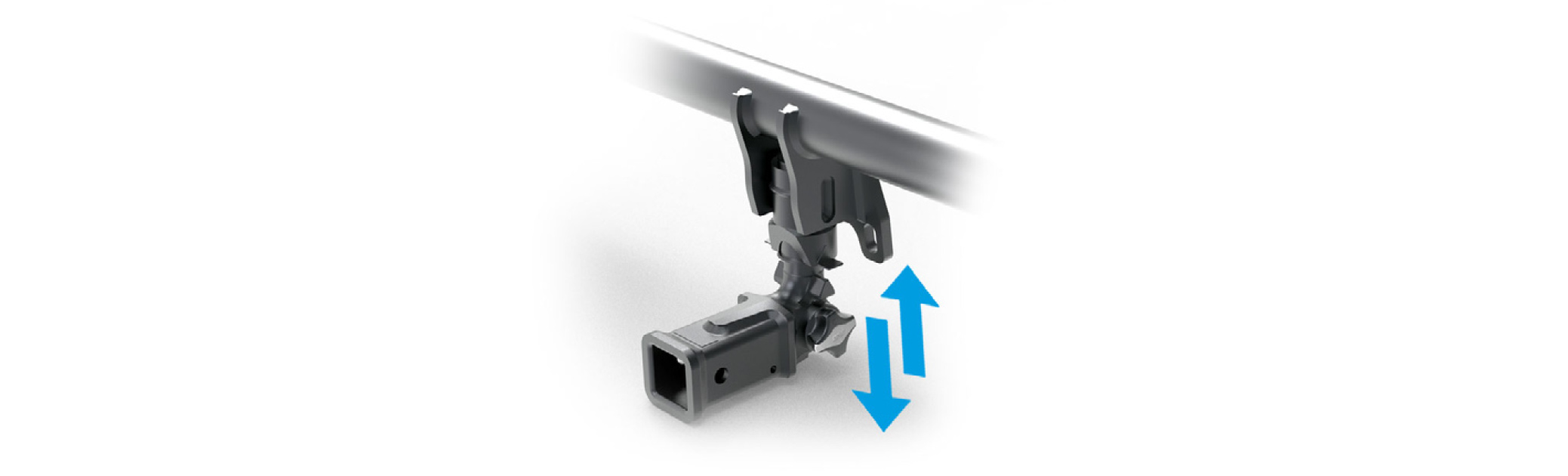 Illustration of an ORIS vertically detachable receiver hitch system with movement indicator showing vertical insertion and removal of the hitch receiver.