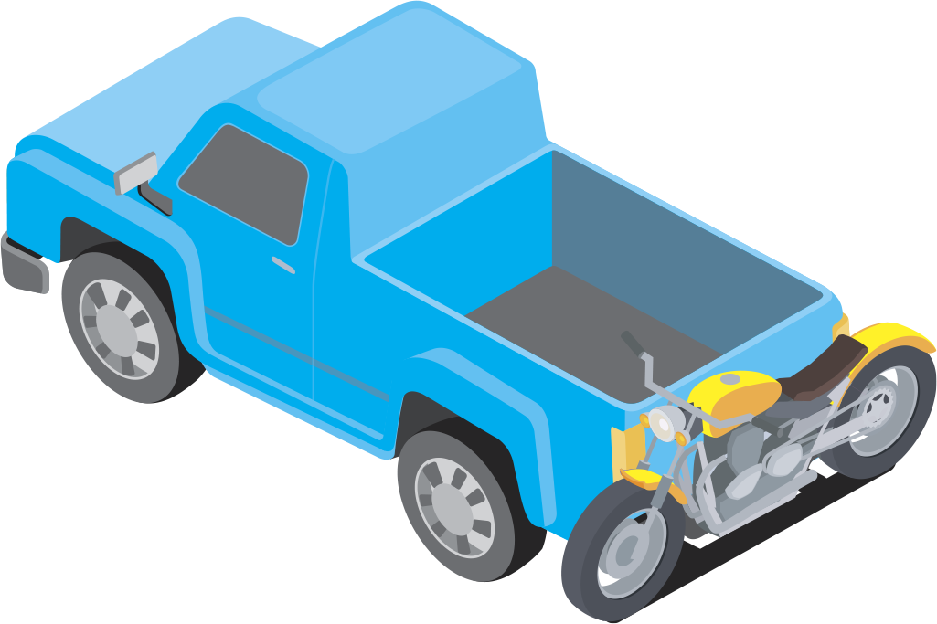 Illustration of a blue pickup truck transporting a motorcycle on a rear carrier attached to the towbar.