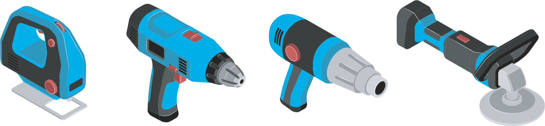 Illustration of a jigsaw, cordless drill, heat gun and angle grinder on a black background.