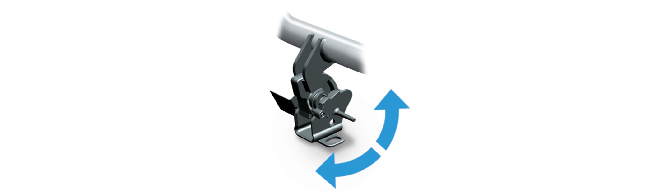 Illustration of an ORIS retractable receiver hitch mechanism with rotating movement indicator showing the swivel deployment function.