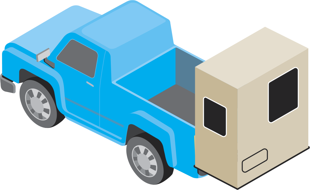 Illustration of a blue pickup truck carrying a small cabin module on a rear hitch-mounted carrier.