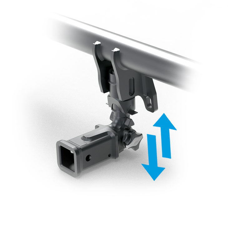 Illustration of an ORIS vertically detachable receiver hitch system with movement indicator showing vertical insertion and removal of the hitch receiver.