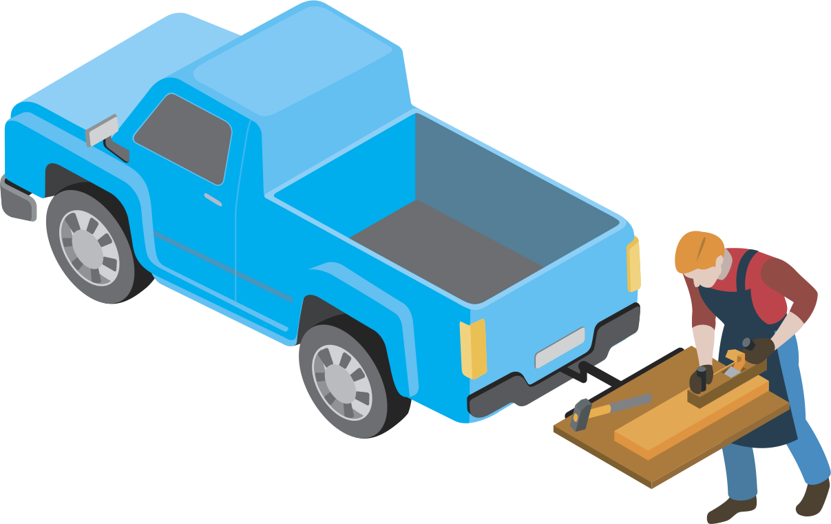 Illustration of a blue pickup truck with hitch receiver and a person working on a wooden board.