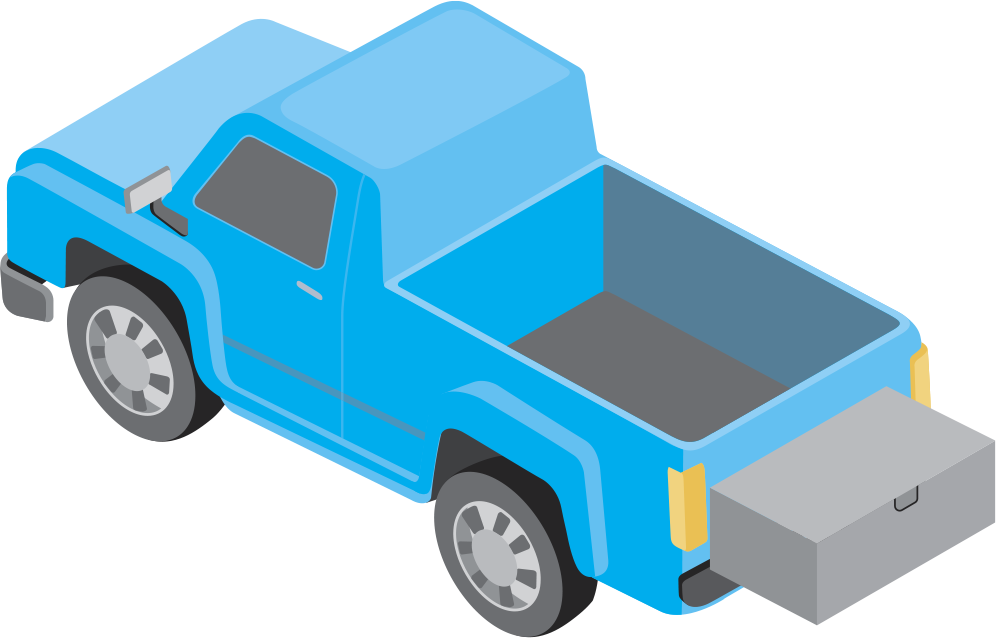 Illustration of a blue pickup truck with rear-mounted cargo box extended from the truck bed.