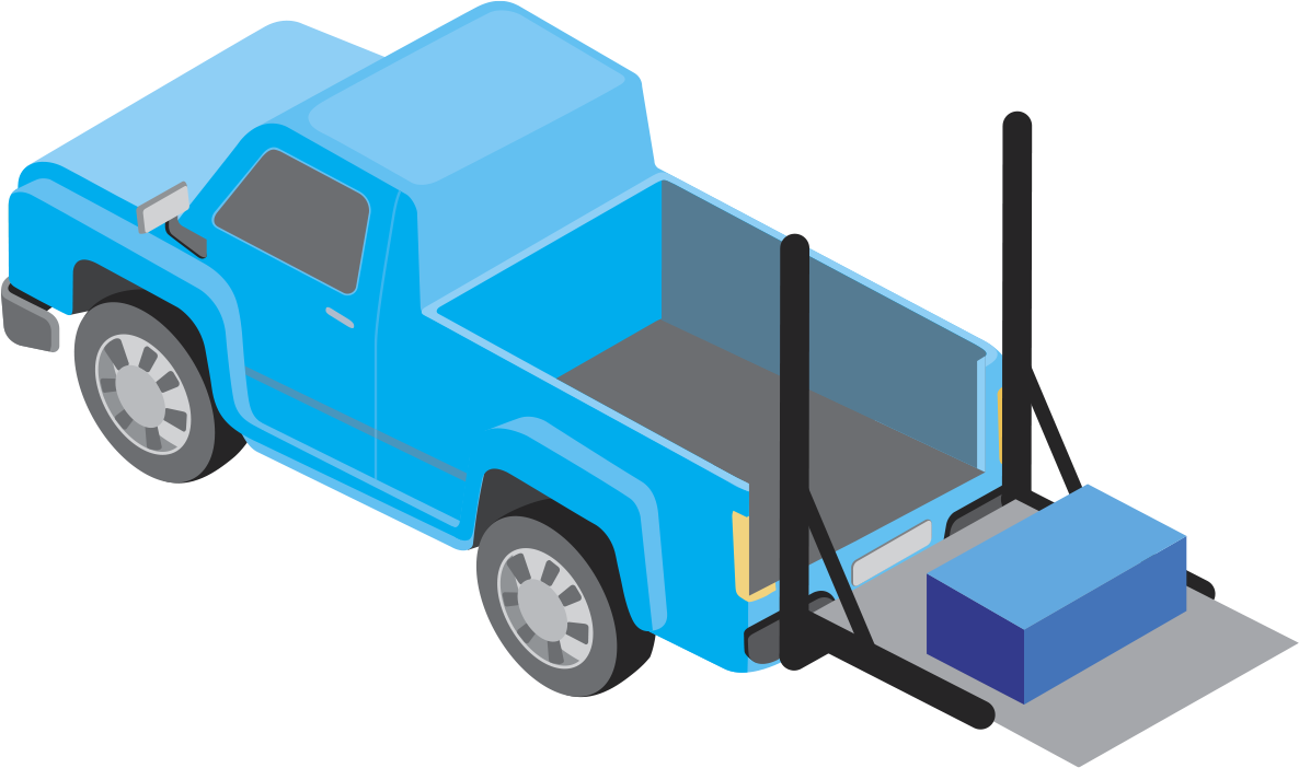 Illustration of a blue pickup truck equipped with a rear-mounted liftgate platform for loading and transporting cargo.