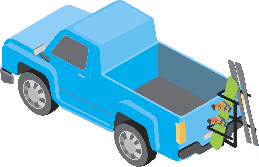 Illustration of a blue pickup truck with hitch-mounted sports gear carrier holding a snowboard and skis.